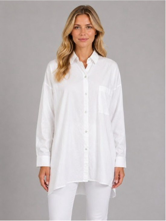 Eileen Fisher Tops - Eileen Fisher System White Organic Cotton Stretch Classic Collar Long Shirt Sz L